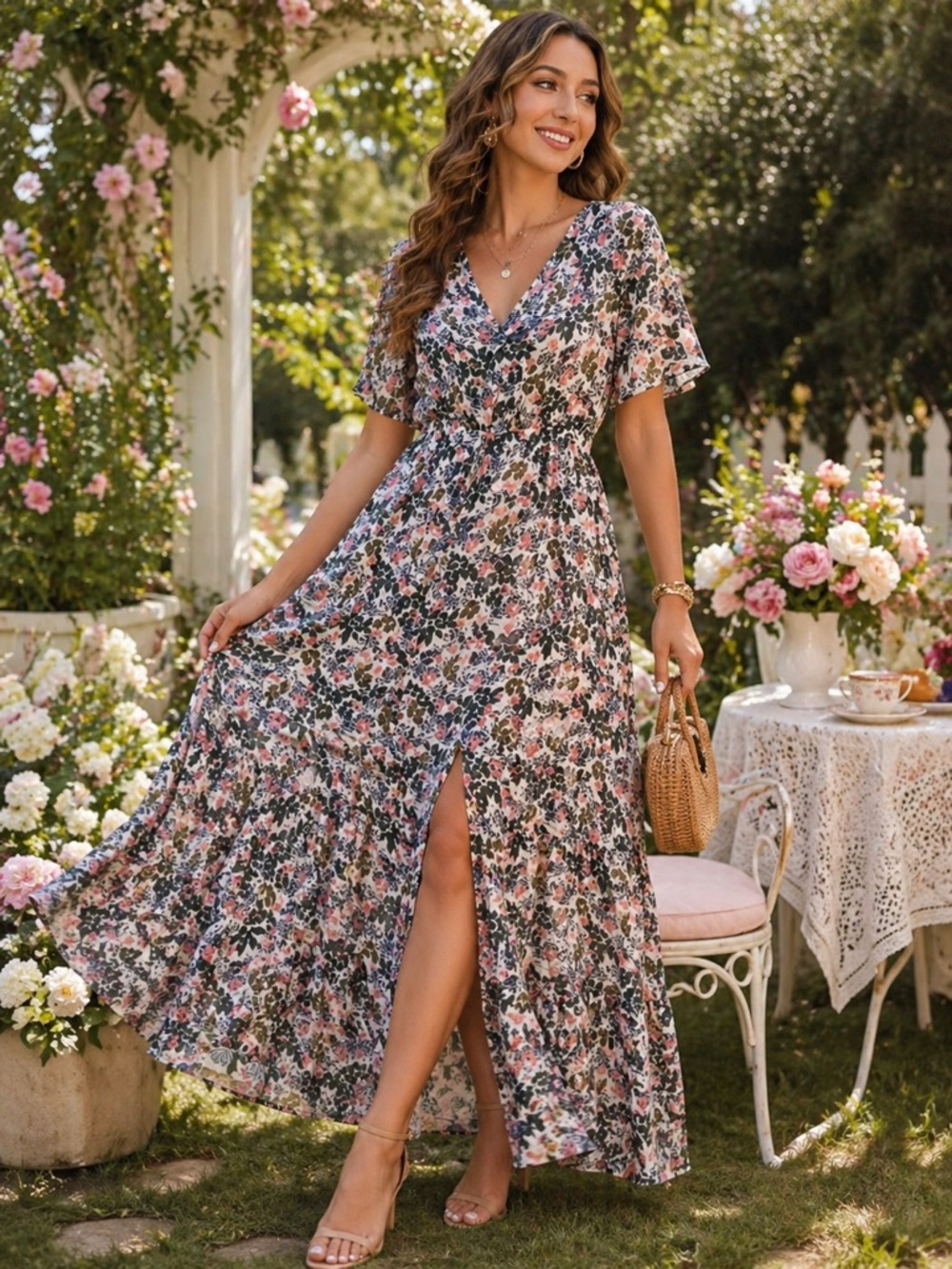 BCBGeneration Floral Maxi Dress XS ✨ Garden Party Chic Split Front Boho Summer